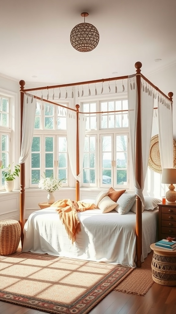 A serene boho bedroom featuring a canopy bed, large windows allowing natural light, and cozy decor elements.