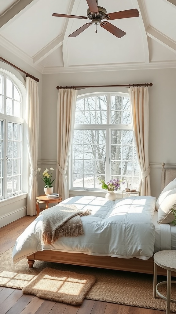 Bright, airy farmhouse chic bedroom with large windows and soft curtains, adorned with a cozy bed and wooden accents.