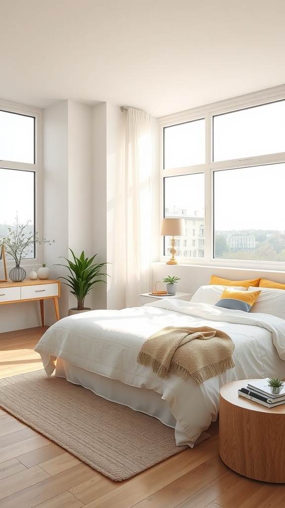 Bright and airy Boho Mid-Century Modern bedroom with large windows and natural light