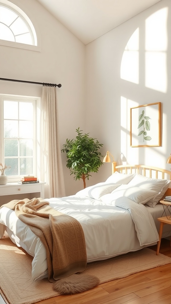 Bright and airy neutral bedroom with natural light, soft colors, and plant decor