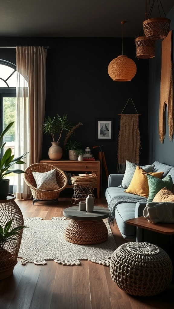A dark bohemian living room featuring natural material accessories like rattan chairs, woven baskets, and a jute rug.