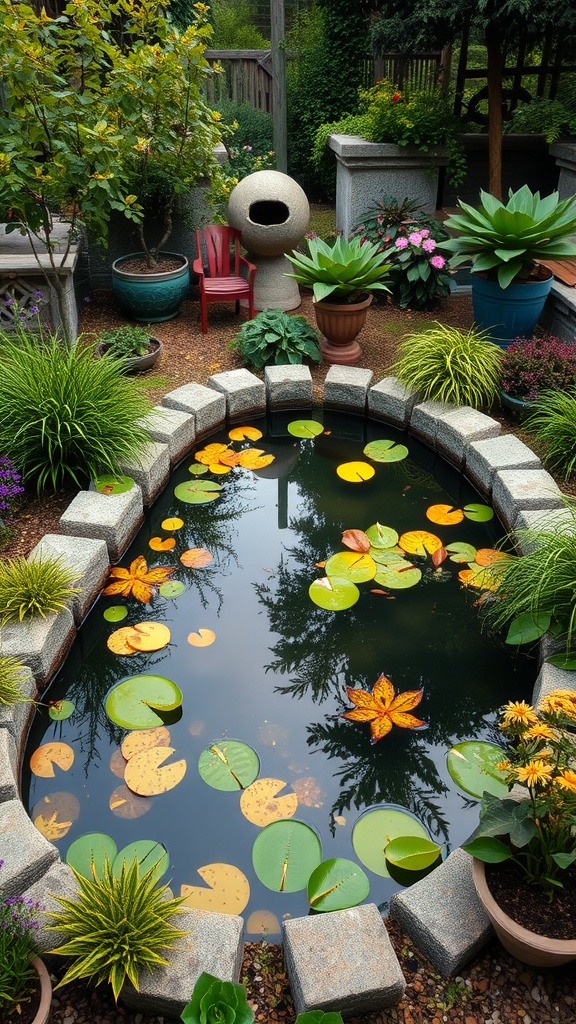 A serene natural pond surrounded by plants and flowers in a farmhouse garden.