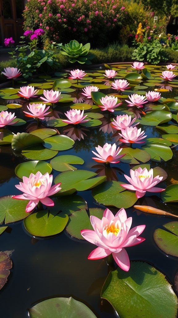 A natural pond with pink lilies and surrounding colorful flowers