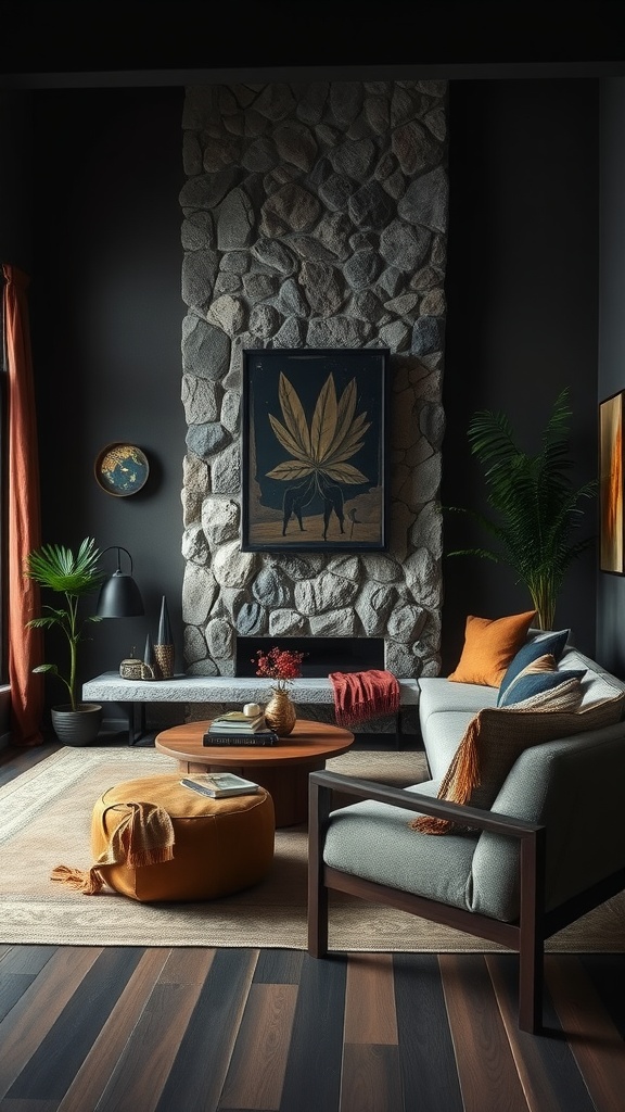 A dark boho living room featuring a natural stone accent wall, modern furniture, and earthy decor.