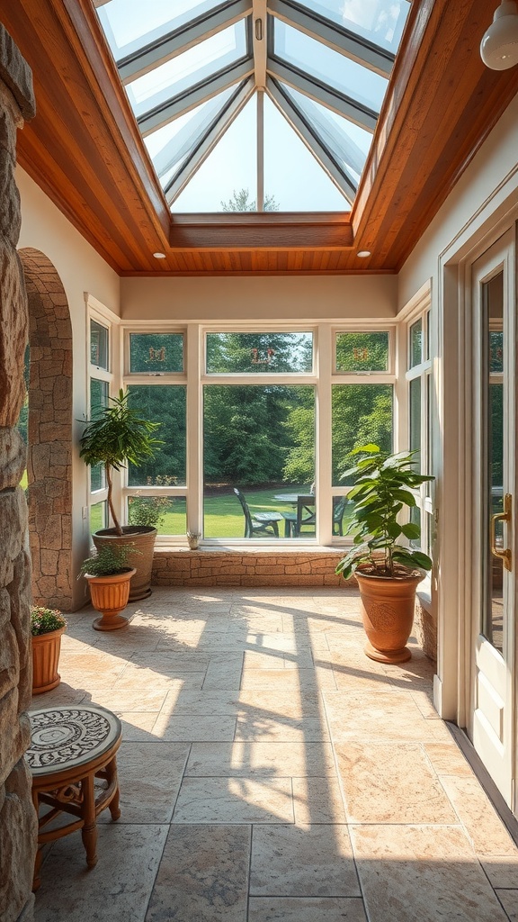 A bright and inviting sunroom featuring natural stone flooring, large windows, and potted plants.