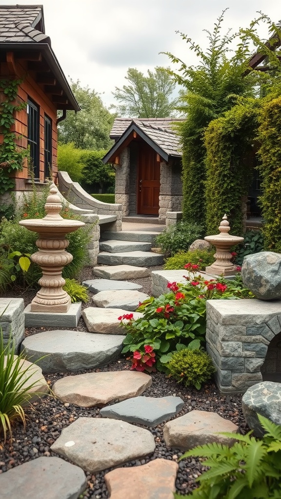 A charming garden pathway made of natural stone slabs, surrounded by colorful flowers and lush greenery.