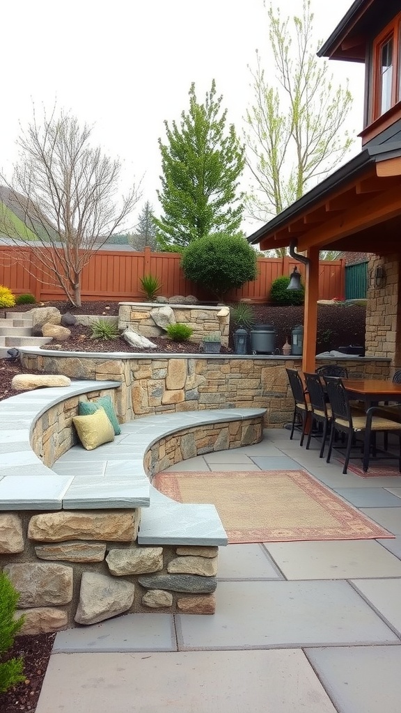 Curved stone bench with cushions in a landscaped patio area