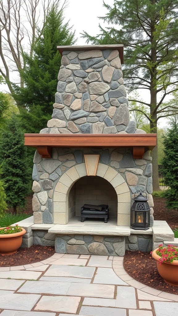 A natural stone fireplace surrounded by greenery and flower pots