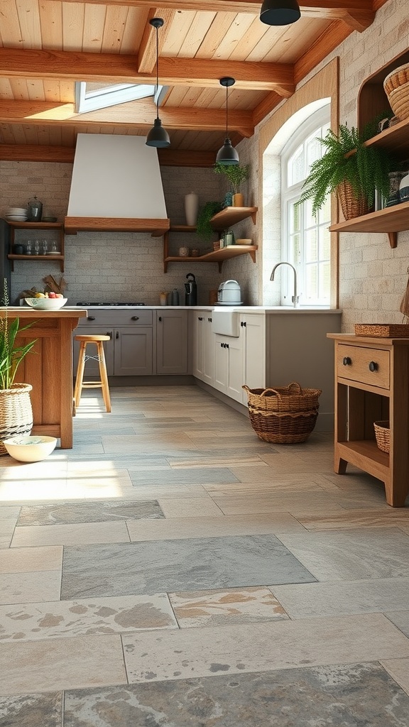 Farmhouse kitchen with natural stone flooring, featuring earthy tones and a cozy design.