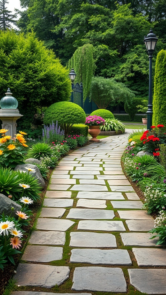 A natural stone pathway meandering through a lush garden, surrounded by flowers and greenery.