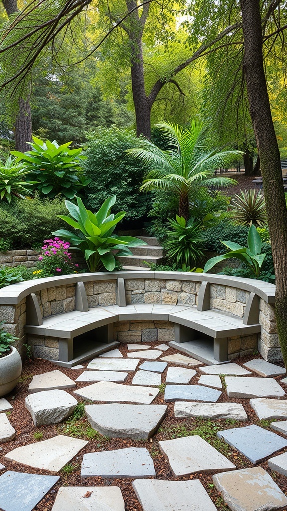 A natural stone seating area surrounded by lush greenery and colorful flowers.