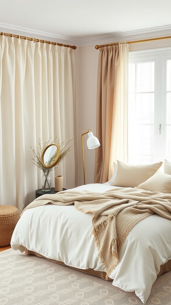 A cozy farmhouse bedroom featuring natural textiles, including soft bedding, textured throw blankets, and elegant curtains.