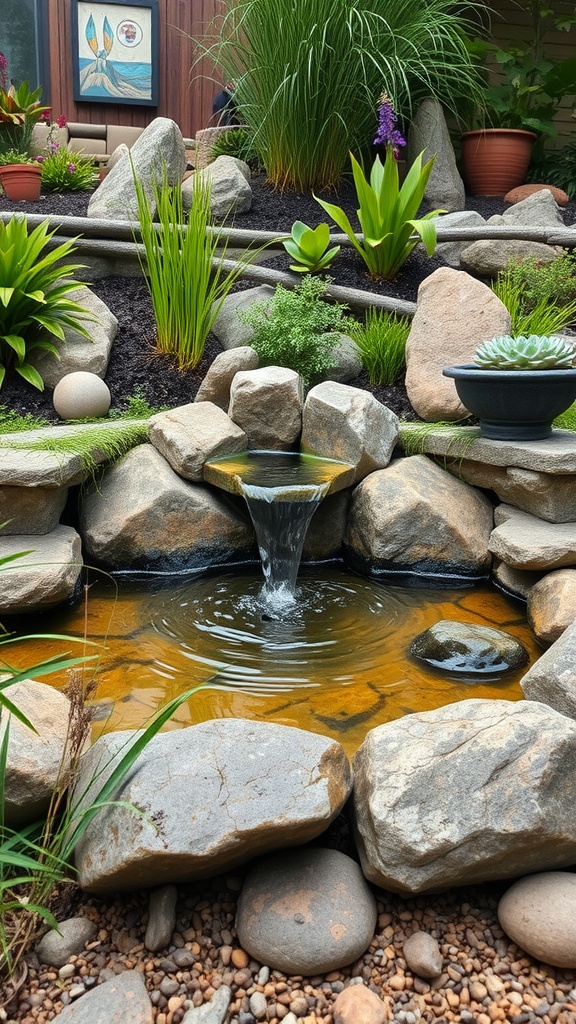 A small pond with a waterfall surrounded by rocks and greenery in a garden.