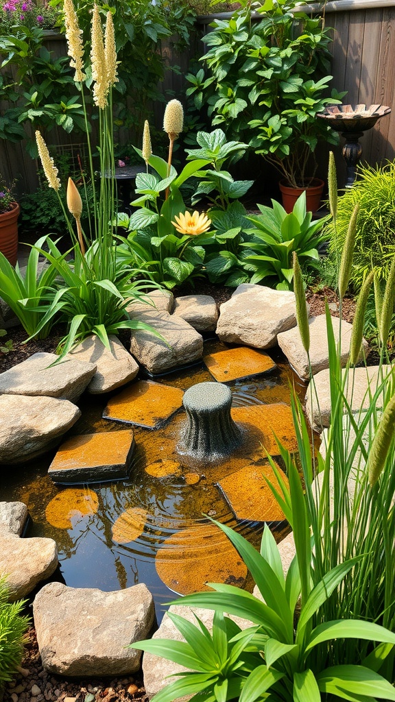 A serene pond with plants and stones, creating a relaxing garden atmosphere.