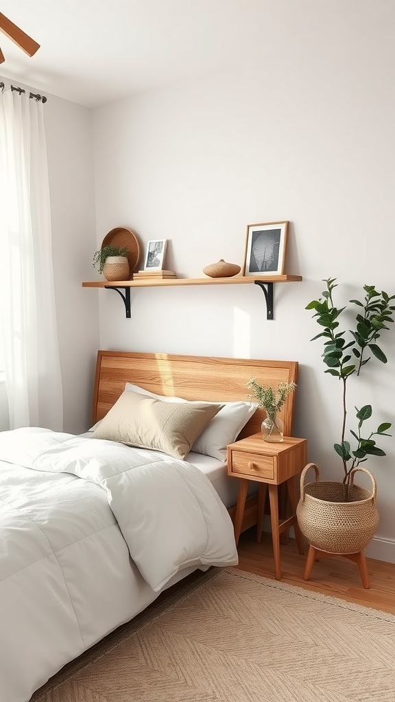 A cozy bedroom with natural wood accents, featuring a wooden bed frame, bedside table, and shelf, decorated with plants and art.