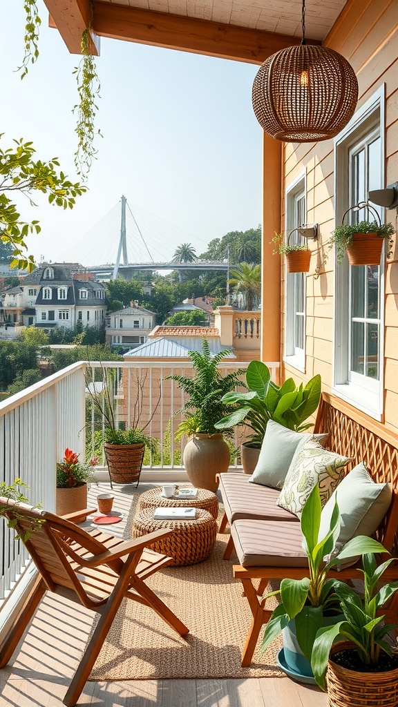 A cozy balcony with wooden furniture, plants, and a view of the city.