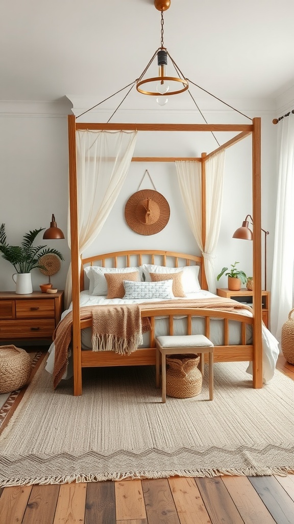 A serene boho bedroom with a canopy bed featuring natural wood accents and earthy tones.