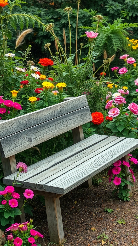 Natural wood bench surrounded by colorful flowers in a garden