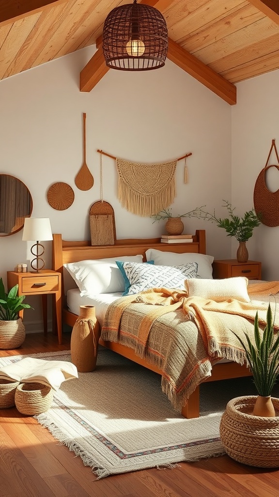 Cozy Boho Eclectic Bedroom featuring natural wood elements and warm textiles