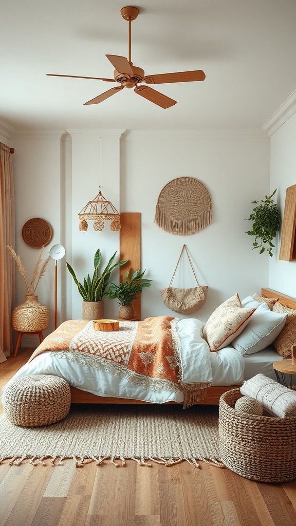 A cozy boho style bedroom featuring natural wood elements, warm textiles, and plants.