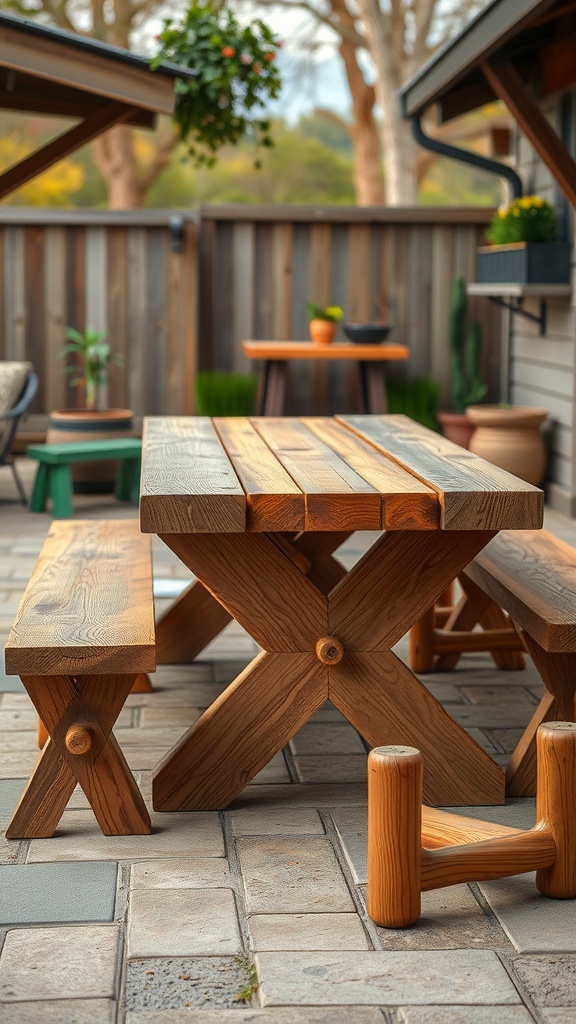A cozy wooden patio table and benches set in a natural outdoor environment.