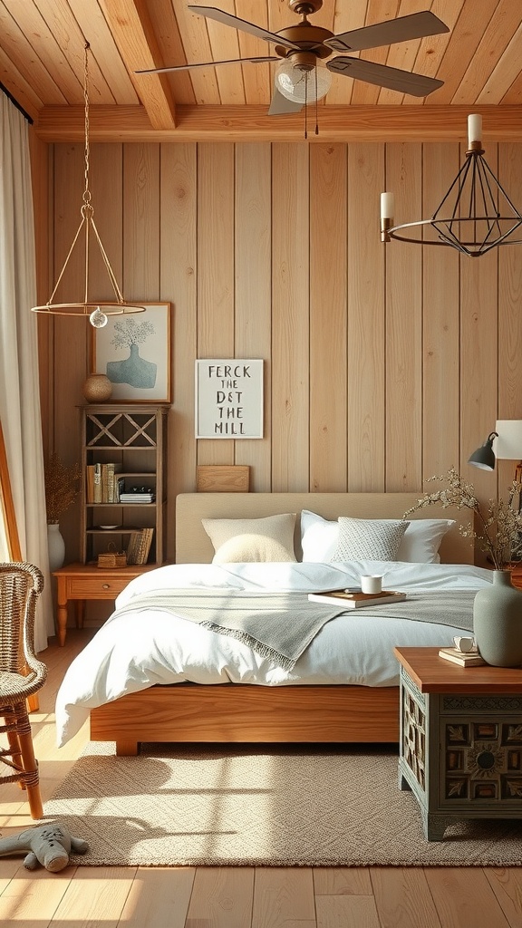 Bright farmhouse glam bedroom with natural wood elements, including wood paneling and furniture.