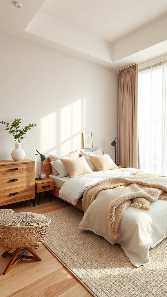 A modern beige bedroom featuring natural wood elements, including a wooden bed frame, nightstand, and woven stool.