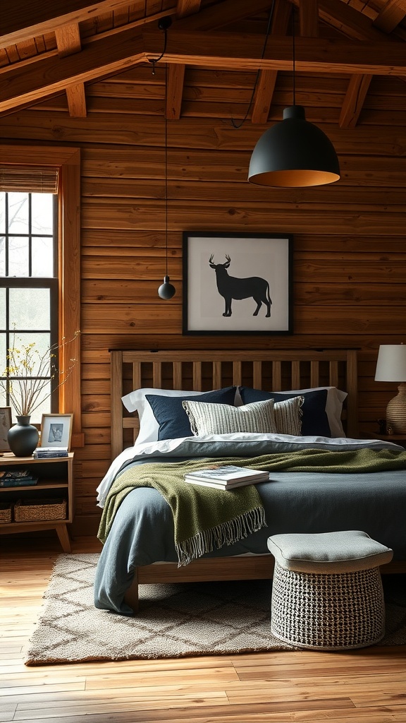 A cozy farmhouse bedroom with natural wood walls, a wooden bed frame, and black and cream decor.