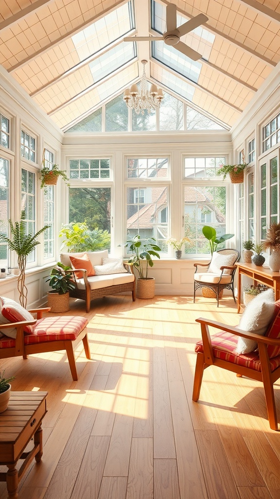 A bright sunroom with natural wood flooring, large windows, and boho-style furniture.
