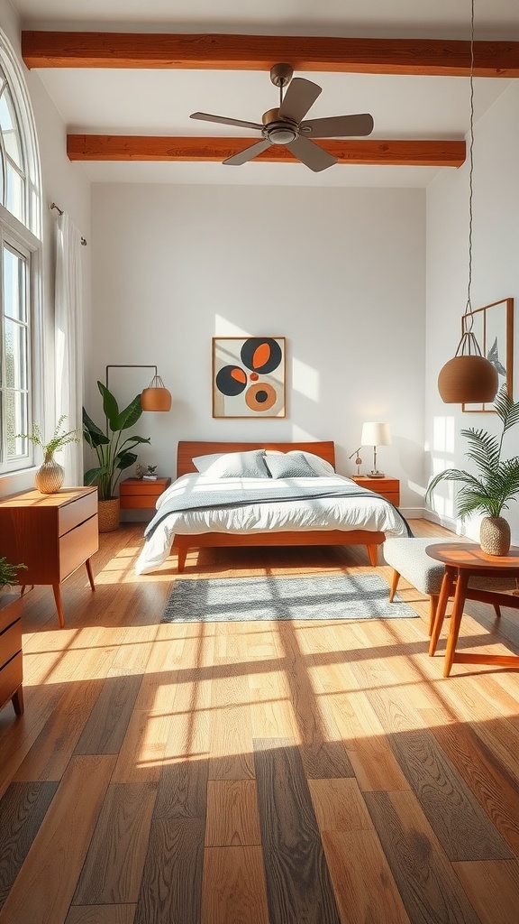 A stylish bedroom featuring natural wood floors, mid-century modern furniture, and boho decor.