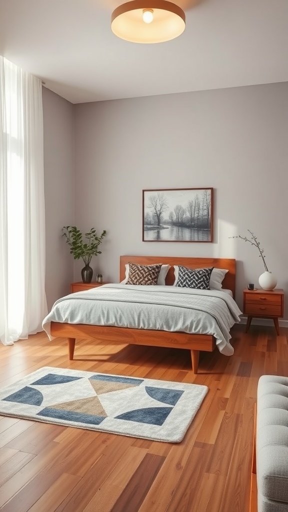 A stylish bedroom featuring natural wood floors, mid-century modern furniture, and boho decor.