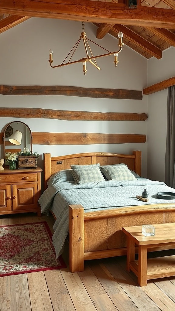 A rustic boho style bedroom featuring natural wood furniture, including a wooden bed frame and nightstands, with soft textiles and a warm color palette.