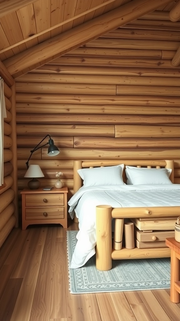 A rustic cabin bedroom featuring natural wood furniture, including a log bed and wooden nightstand.