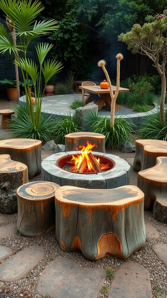 Outdoor seating made from natural wood stumps surrounding a fire pit