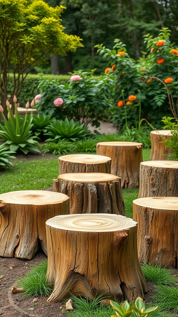 Wooden stumps arranged for seating in a lush garden setting