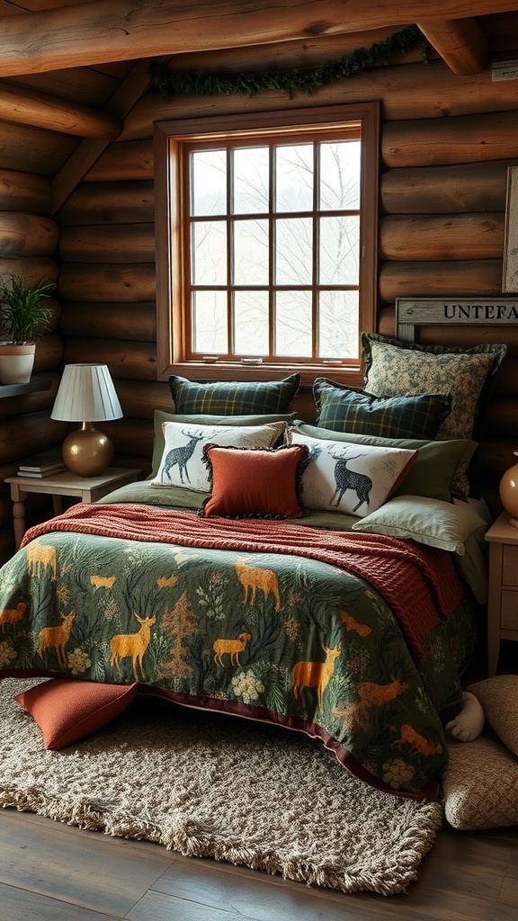 Cozy cabin bedroom with nature-inspired bedding featuring woodland animals and greenery.