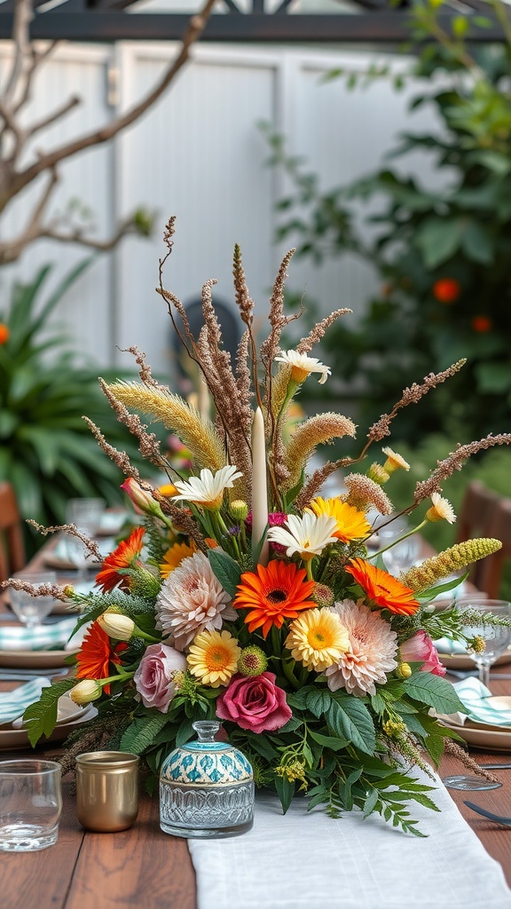 A vibrant floral centerpiece featuring daisies, dahlias, and roses, surrounded by dried grasses and candles, set on a wooden table.