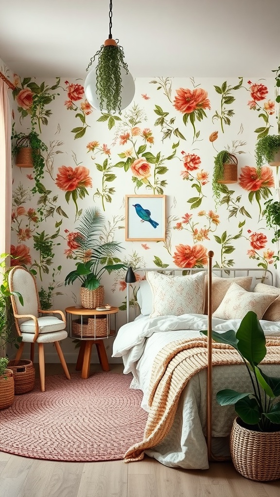A cozy girl's bedroom with floral wallpaper, plants, and woven textures.