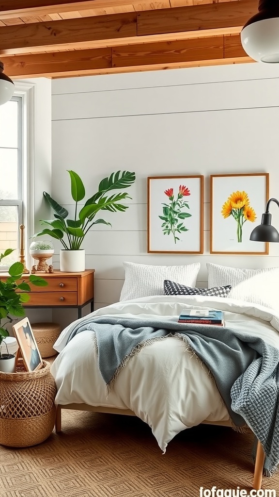 A cozy bedroom with nature-inspired decor featuring plants, floral artwork, and natural materials.