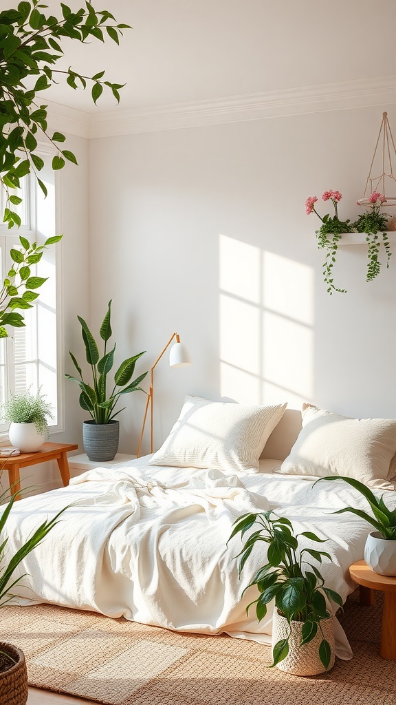 A feminine bedroom with a bed, plants, and natural light.