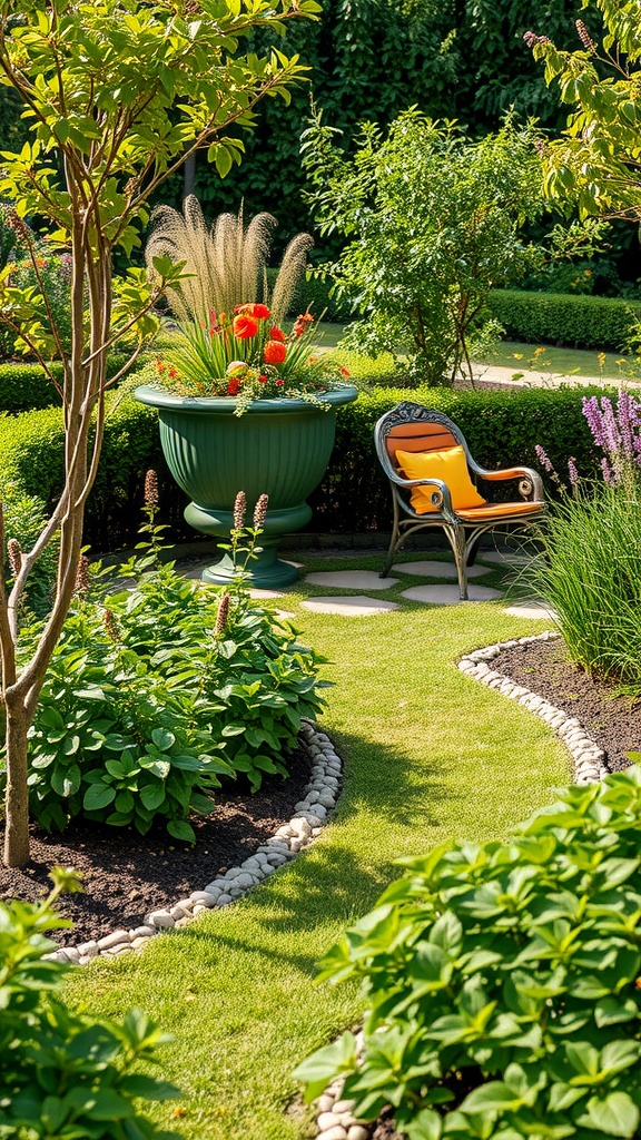 A lush garden with winding paths, stone borders, vibrant flowers, and a cozy seating area.