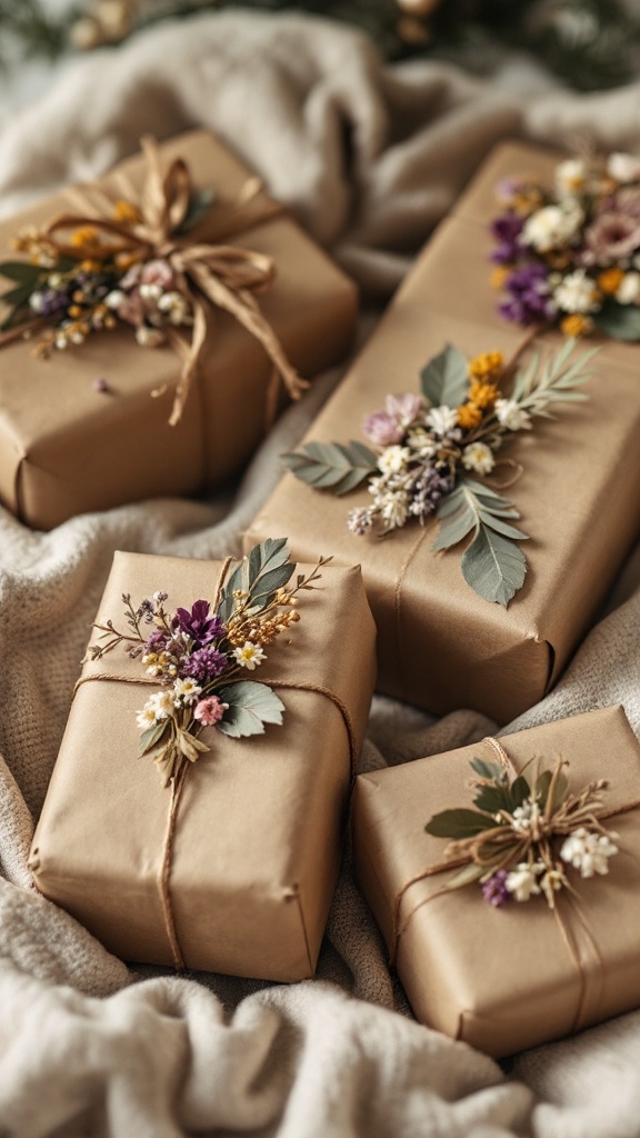 Beautifully wrapped gifts with nature-inspired decorations, featuring dried flowers and greenery.