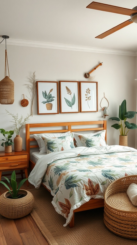 A serene bedroom featuring nature-inspired decor, with plants, botanical artwork, and natural textures.