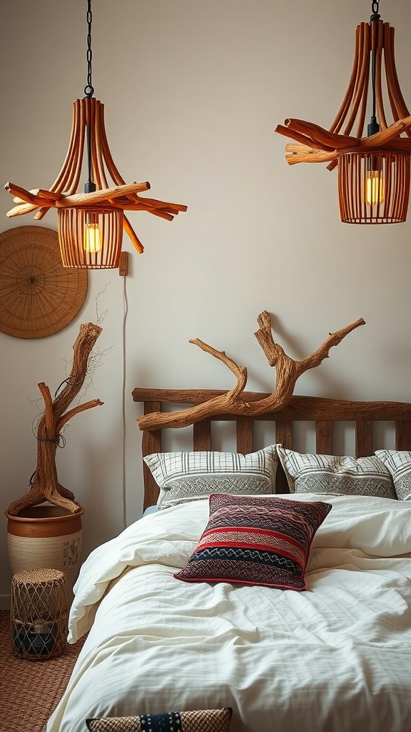 Boho bedroom with nature-inspired light fixtures and wooden decor