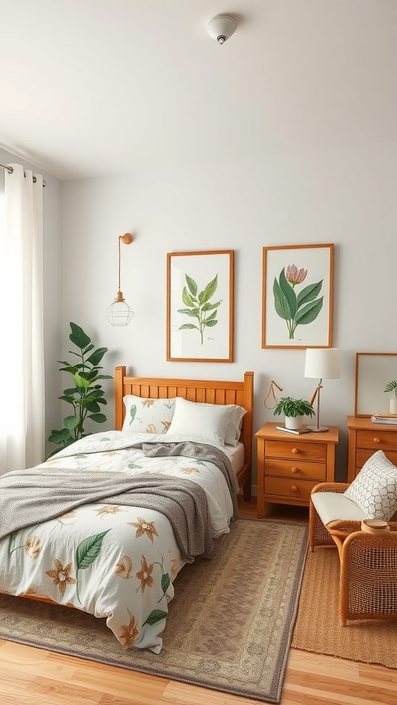 A nature-inspired girls' bedroom with wooden furniture, floral bedding, and botanical wall art.