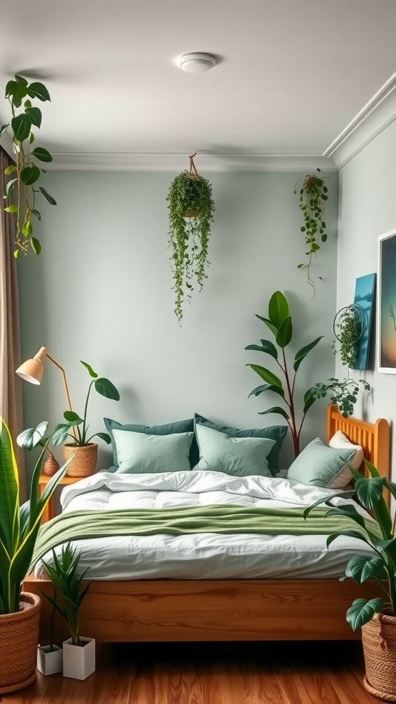 A nature-inspired bedroom with green accents, featuring a wooden bed, green pillows, and several indoor plants.