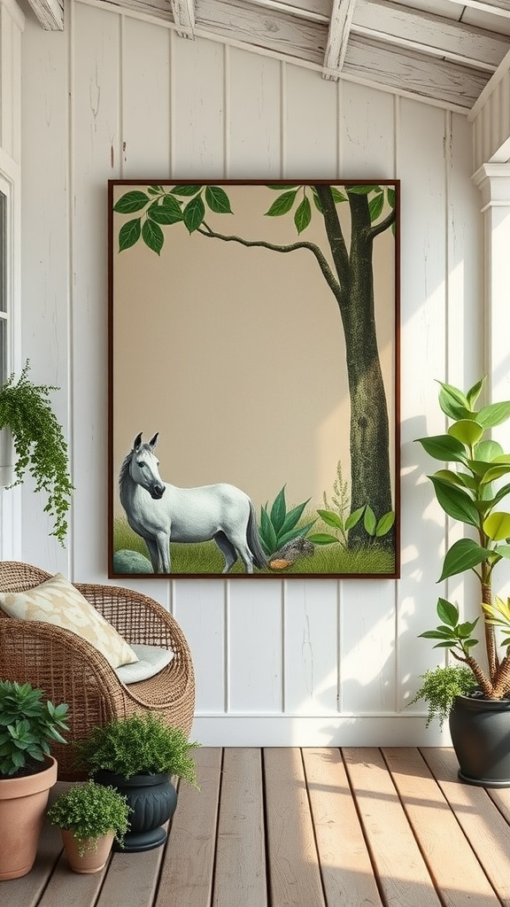 Nature-inspired wall art featuring a horse and lush greenery in a cozy patio setting