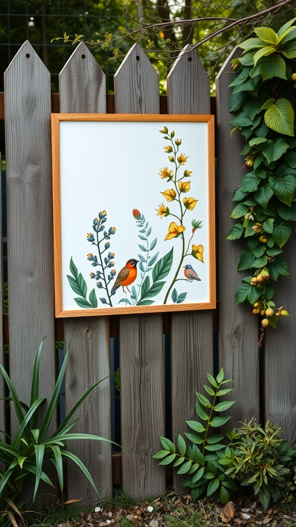Nature-inspired wall art featuring flowers and birds against a wooden fence.