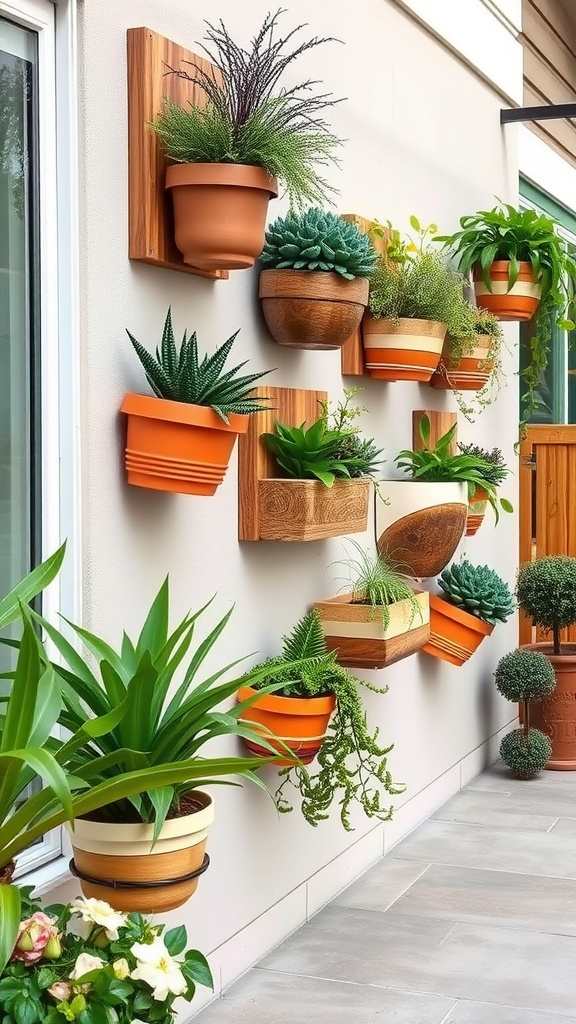 A wall covered with various nature-inspired planters featuring a mix of plants, including succulents and ferns, arranged in a creative pattern