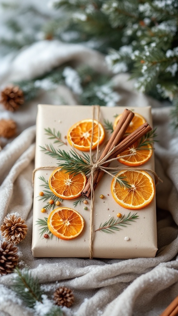 A beautifully wrapped gift with dried oranges, cinnamon sticks, and pine sprigs on a cozy blanket.